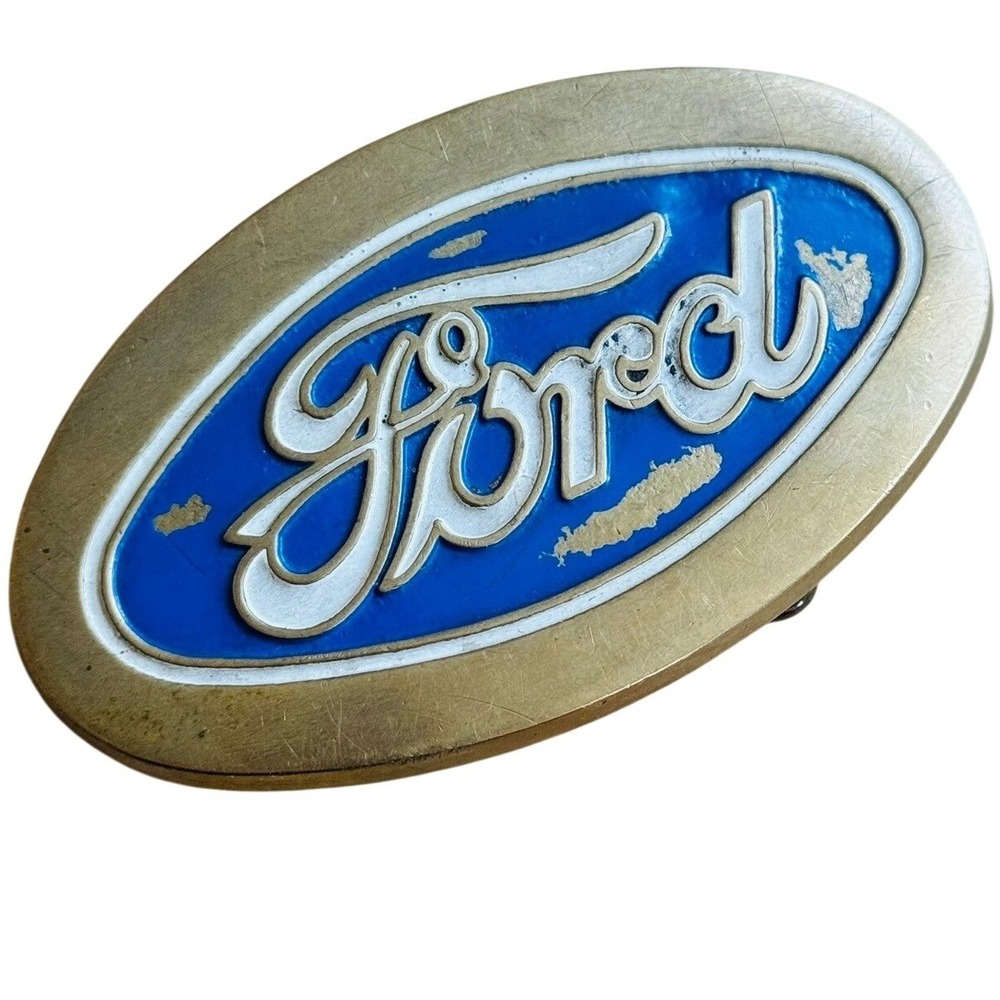 Vintage 1979 Ford motors Baron solid Brass Buckle Blue enamel oval chunky 70s